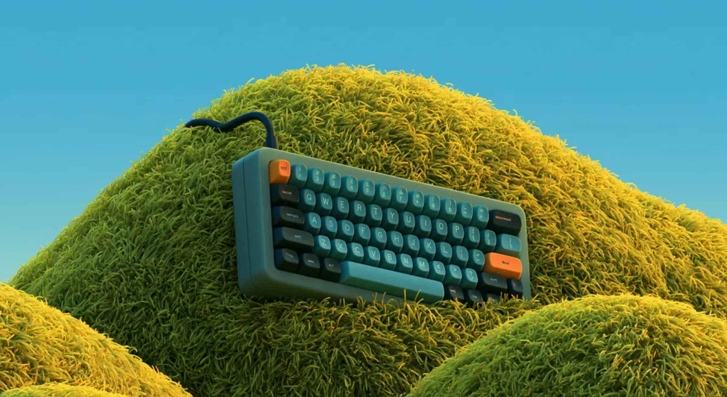 Stylized keyboard resting on a grassy hill