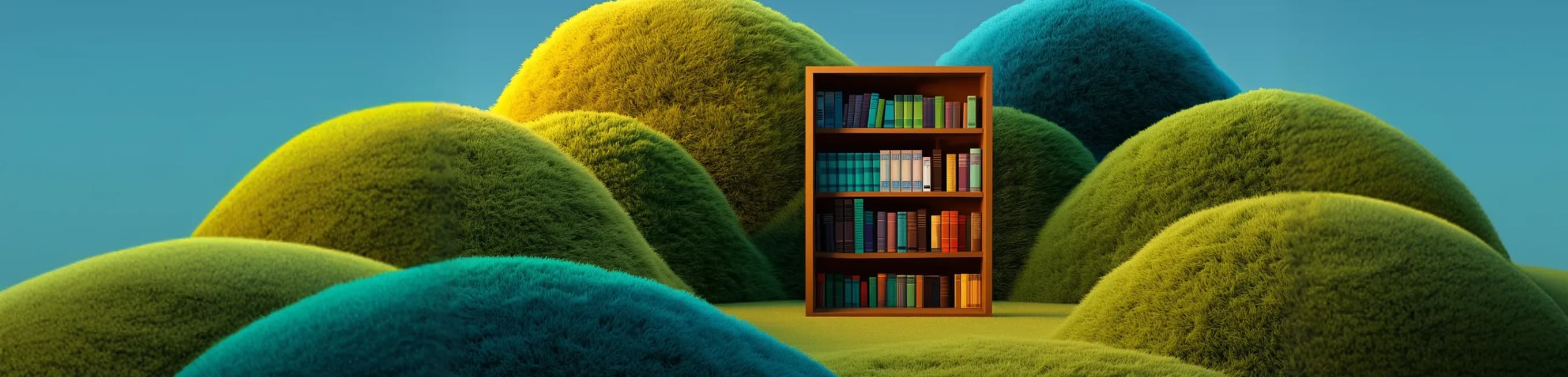 Stylized green grass hills with a bookshelf