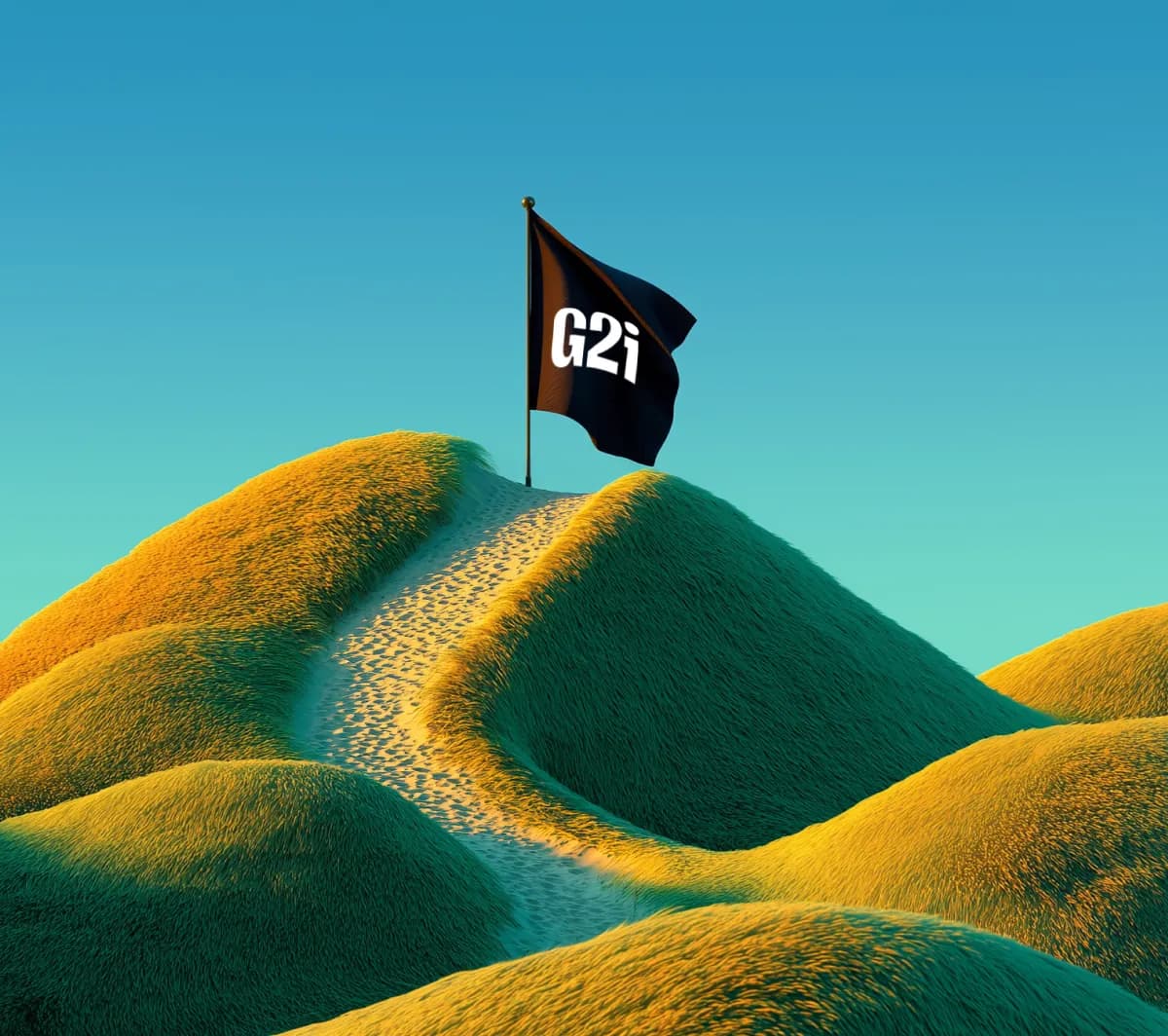 Stylized G2i flag on a grassy hill