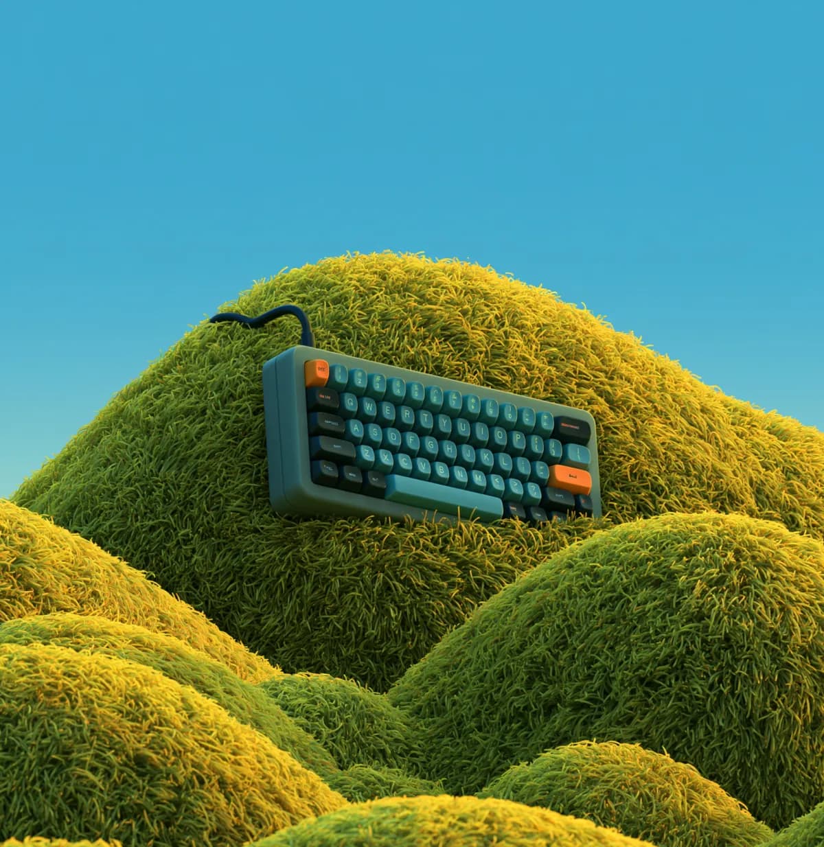 Stylized keyboard on a grass field
